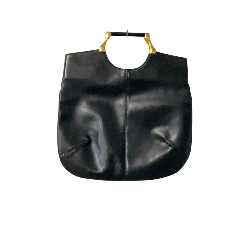 Vintage Style Black Leather Convertible Tote Oversized Clutch‎ Gold Hardware